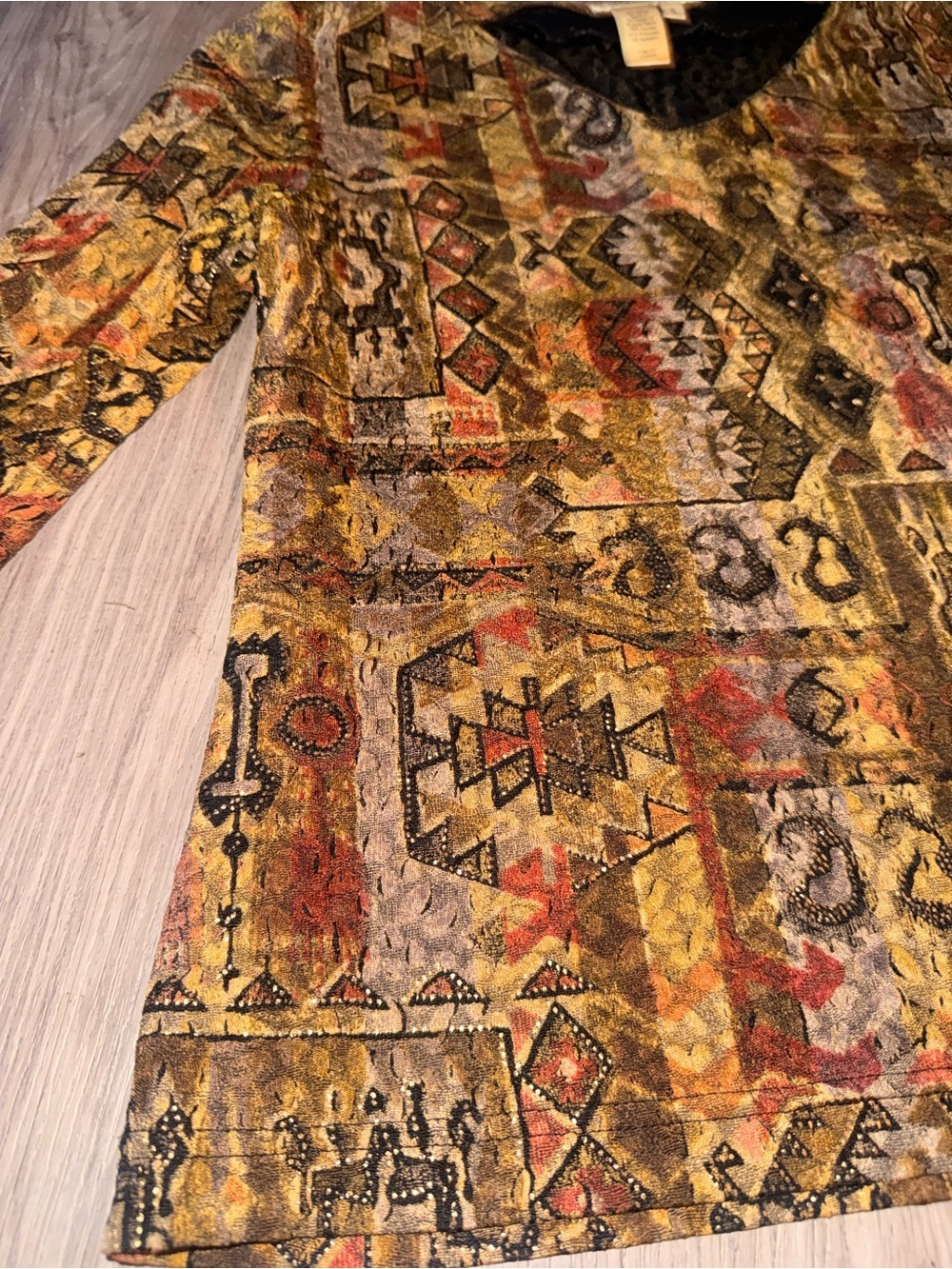 Coldwater Creek Olive Multi Mosaic V-Neck Long Sleeve Top - Picture 2 of 5